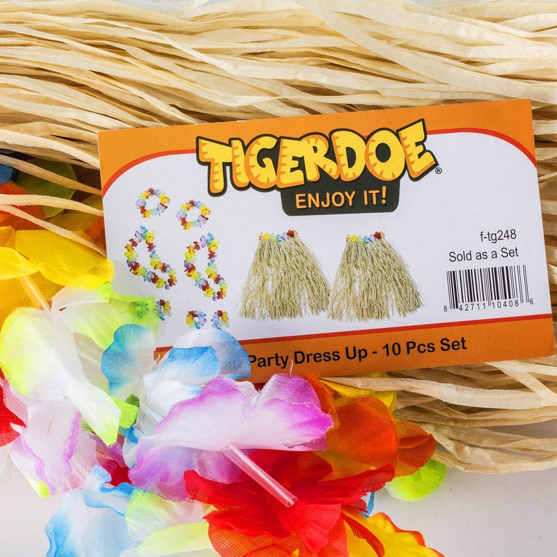 Tigerdoe Hawaiian Costume - Hula Skirt - Luau Costume - Flower Leis - Hawaiian Party Accessories (10 Pc Hula Skirt Set) - Image 3